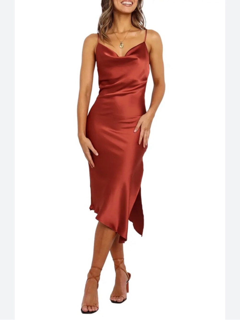 Petal & Pup Rust Satin Cowl Midi Dress